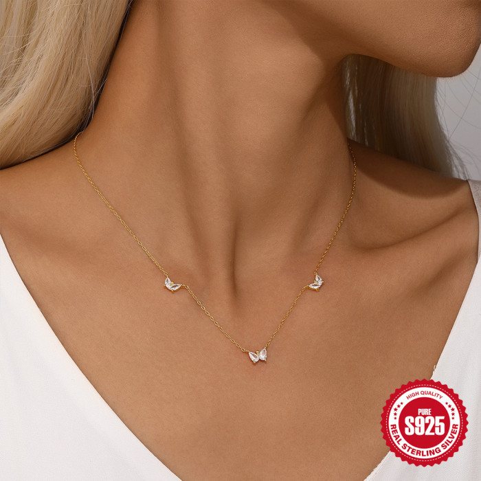 S925 Sterling Silver Irregular Geometric Zircon Inlaid Diamond Butterfly Collarbone Necklace Cross-Border Hot-Selling French Style Elegant Necklace