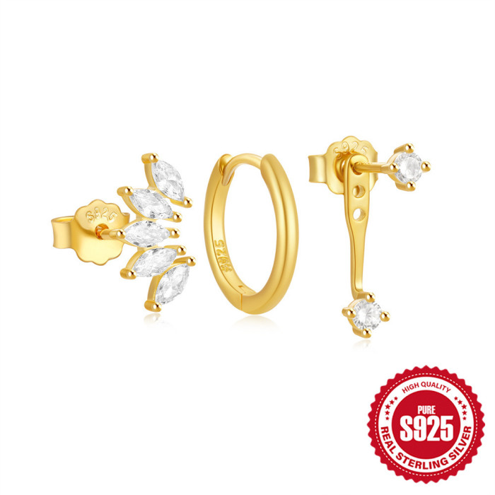 S925 Sterling Silver Daily Matching Stone-Encrusted Irregular Hoop Earrings Set Women's Hot-Selling Classic Stud Ea...