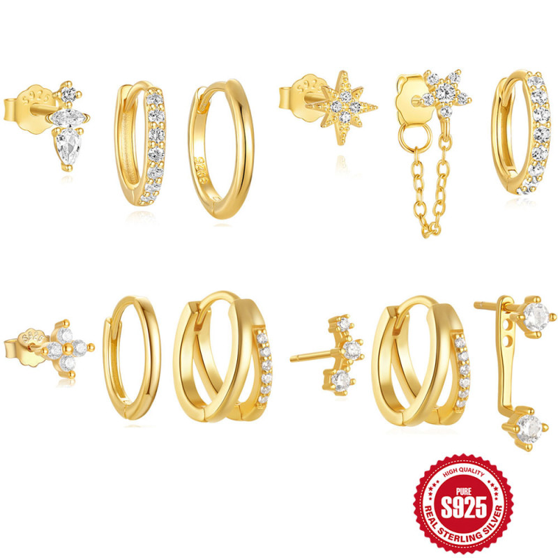 S925 Sterling Silver Exquisite Fashion Zircon Inlaid Ear Cuff Hoop European and American Hot Selling Double Layer Fishbone Shape Stud Earrings Set