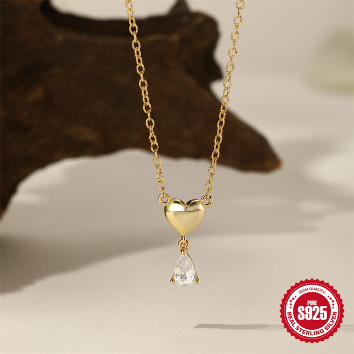 S925 Sterling Silver Minimalist Smooth Heart Water Drop Pendant Collarbone Chain Hot Selling Stone-Encrusted Elegan...