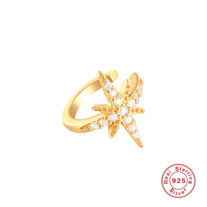 S925 Sterling Silver Single Star Ear Clip Korean Style Fresh Small Stone-Encrusted Radiant Sweet Non-Pierced Elegan...