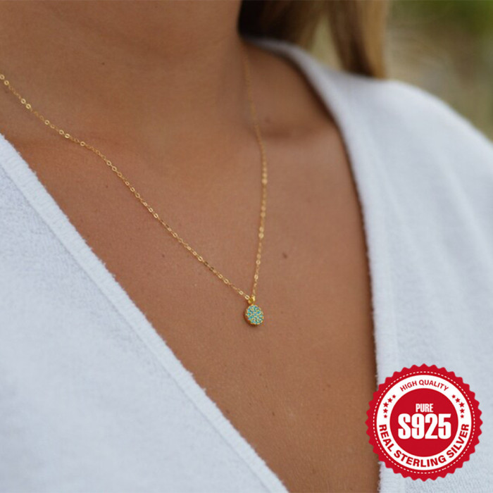 New S925 Sterling Silver Turquoise Sunflower Necklace for Women Korean Niche Style Versatile Fashionable Light Luxury Collarbone Chain