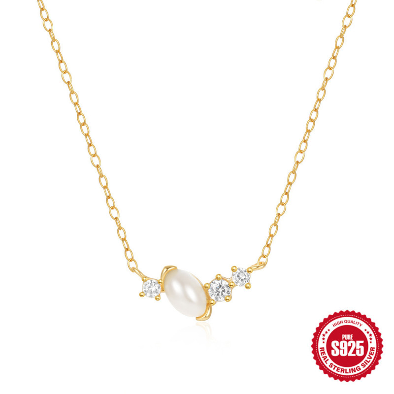 S925 Sterling Silver Geometric Shape Pearl Inlaid Diamond Women's Collarbone Necklace Korean Version Internet Celebrity Niche Design Collarbone Chain