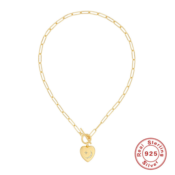 S925 Sterling Silver INS Star Moon Heart Pendant Necklace Korean French Style Office Wear Collarbone Necklace Jewelry