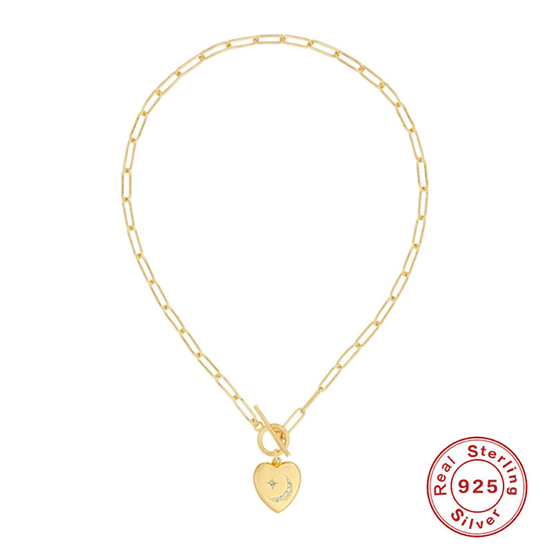 S925 Sterling Silver INS Star Moon Heart Pendant Necklace Korean French Style Office Wear Collarbone Necklace Jewelry
