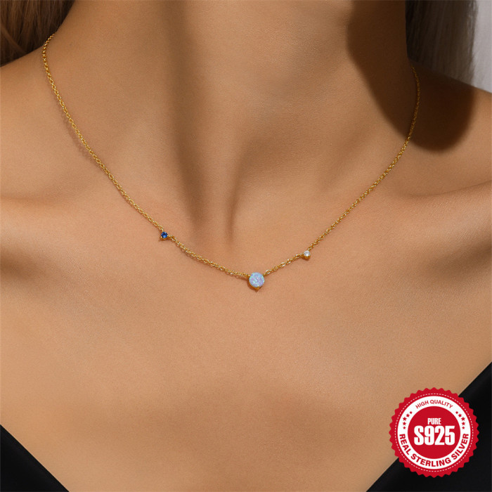 New S925 Sterling Silver Elegant Light Luxury Opal Inlaid Diamond Fashion Collarbone Chain Hot-Selling Niche High-End...