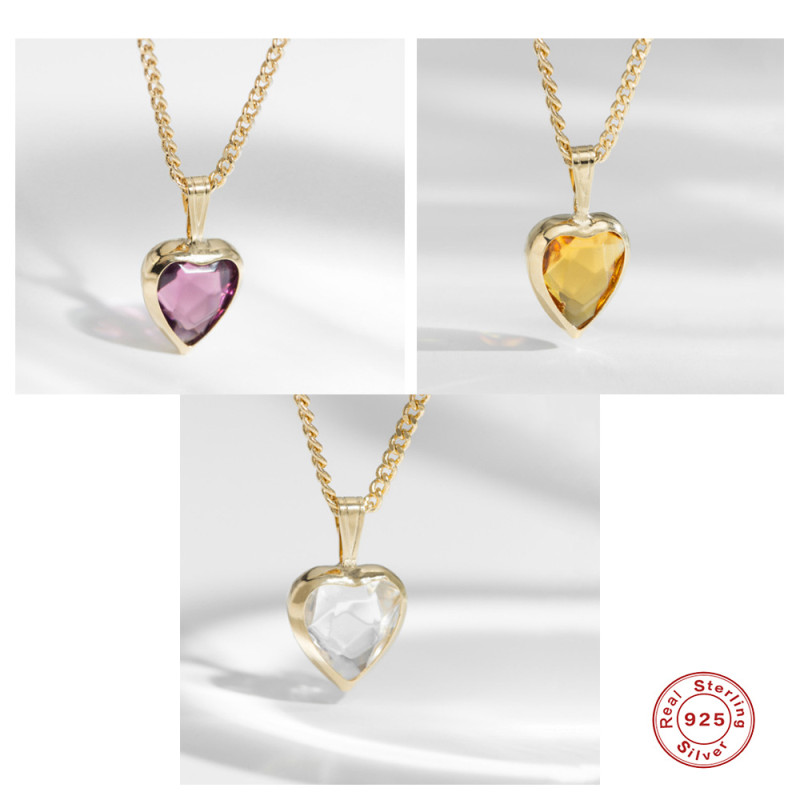 S925 Sterling Silver INS Sparkling Topaz Heart Pendant Necklace European and American Hot-Selling Sweater Matching Collarbone Necklace
