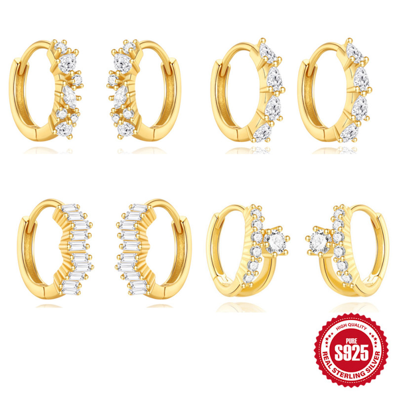 S925 Sterling Silver Geometric Square Diamond Hoop Earrings Classic Water Drop Shape Zircon Inlaid Elegant Delicate Ear Jewelry
