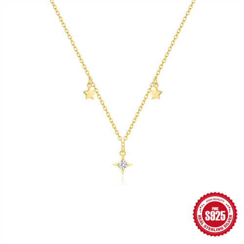 925 Sterling Silver Four-Pointed Star Five-Pointed Star Inlaid with Zircon Versatile Layered Collarbone Chain European and American Cross-Border Hot-Selling INS Necklace