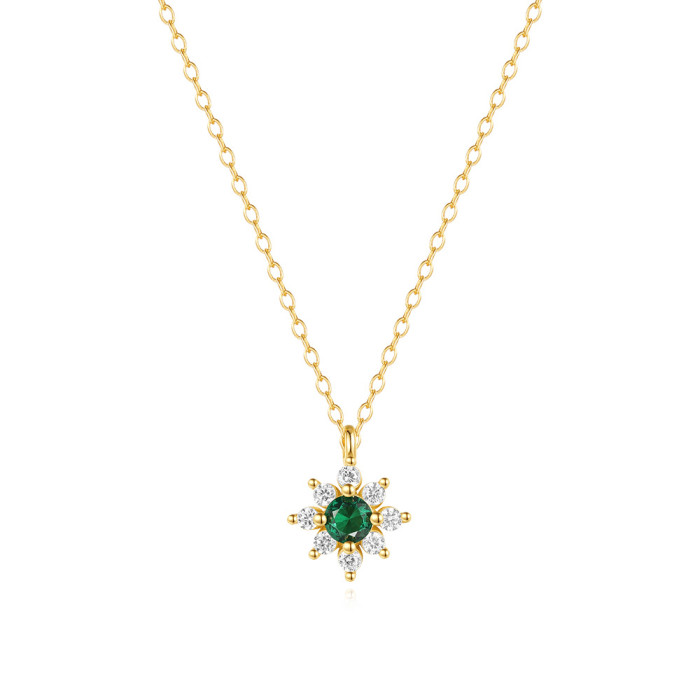 925 Sterling Silver INS Style Flower Green Gemstone Inlaid Diamond Women's Collarbone Necklace European and American Hot-Selling Elegant French Style Necklace