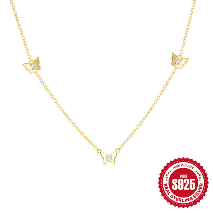 New 925 Sterling Silver Stone-Studded Tassel Butterfly Collarbone Chain Necklace for Women, Korean and Japanese Sty...