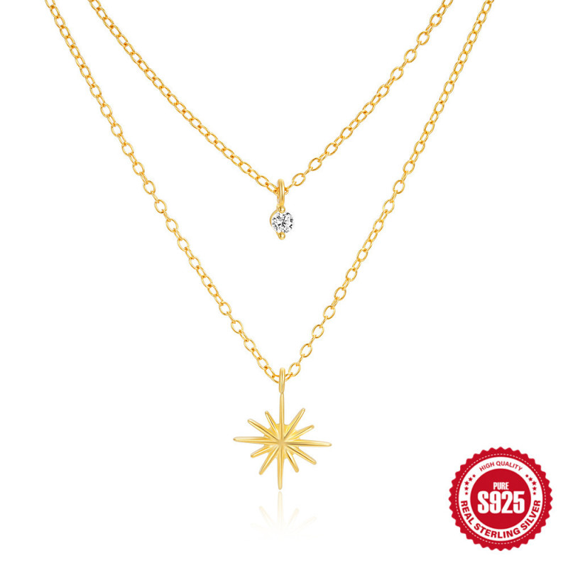S925 Sterling Silver Double Layer Niche Design Star Zircon Collarbone Chain European and American Hot Selling Layered Light Luxury Inlaid Diamond Necklace for Women