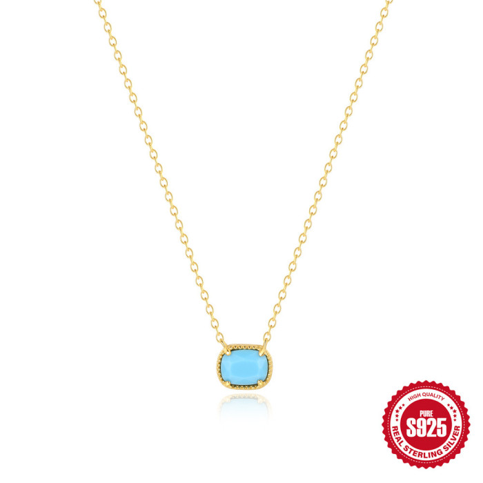 New S925 Sterling Silver Geometric Square Necklace Hot Sale Turquoise Unique Versatile Elegant Collarbone Chain