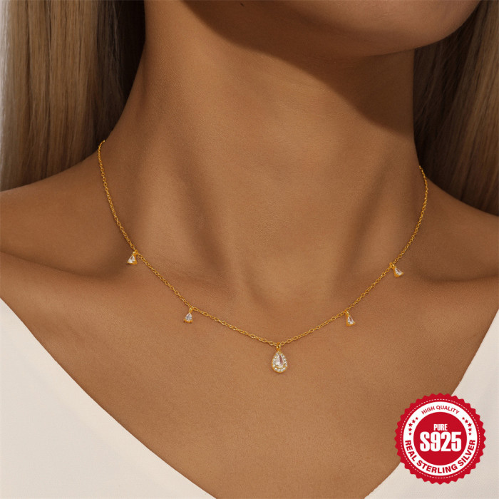 S925 Sterling Silver Water Drop Diamond-Studded Layered Women's Collarbone Chain Amazon Hot-Selling Light Luxury Elegant Versatile Necklace Accessory