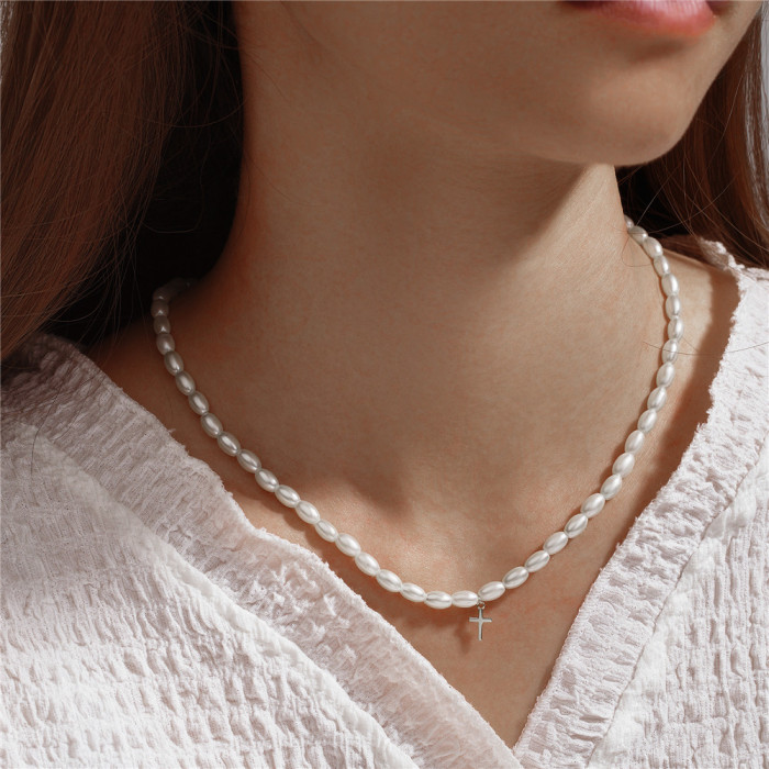 New 925 Sterling Silver Small Pearl Choker with Diamond Inlay Collarbone Chain European and American Hot-Selling French Cross Necklace