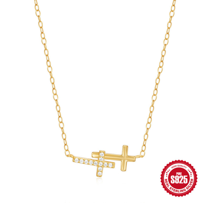 S925 Sterling Silver Cross Necklace Korean Version Niche Design High-end Feel Stone-Studded Simple Style Versatile...
