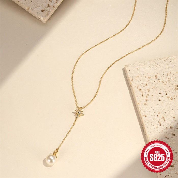 S925 Sterling Silver Eight-Pointed Star Pearl Y-Shaped Collarbone Chain Korean Version Niche Design Sense Internet Ce...