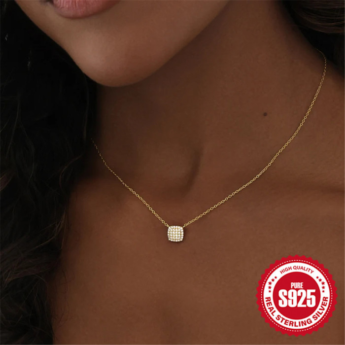 S925 Sterling Silver Square Stone Full Diamond Pendant Clavicle Chain Accessory European and American Hot-Selling New Design Ins Square Necklace