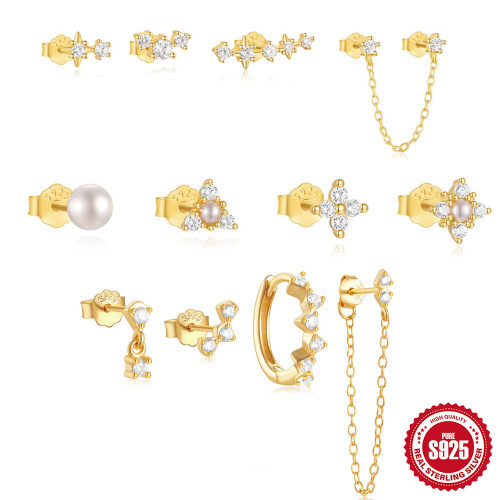 S925 Sterling Silver INS Style Classic Tassel Geometric Versatile 4-Piece Set Earrings European and American Hot-Selling Pearl Earrings