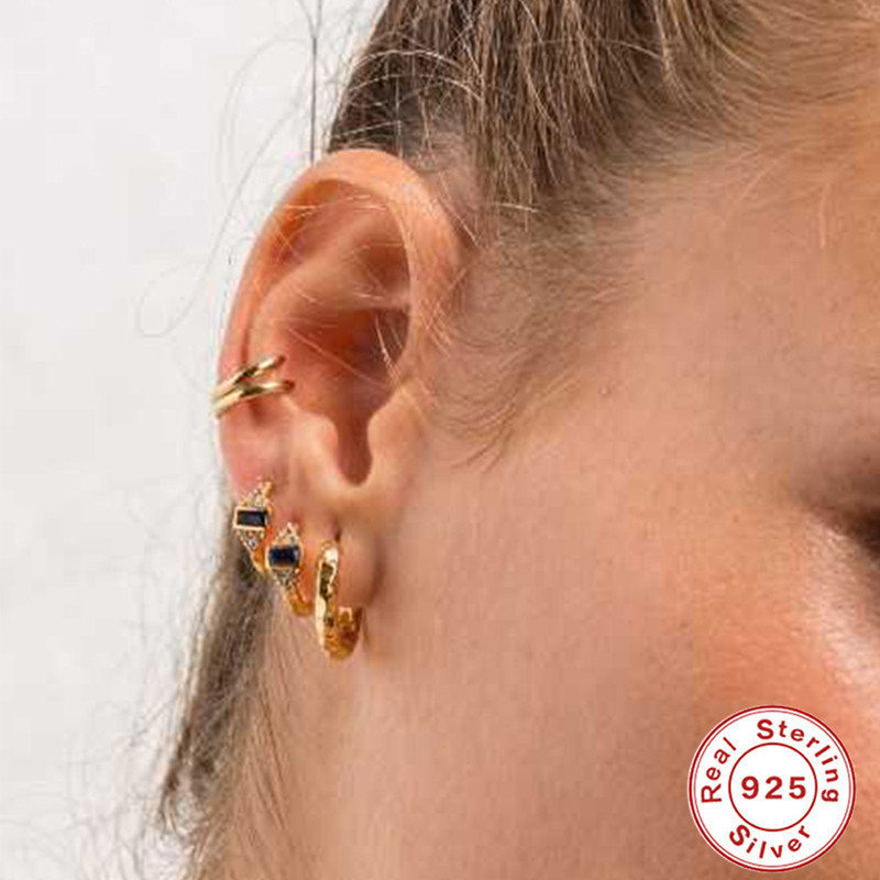 S925 Sterling Silver INS Style Elegant Earrings European and American Exquisite Trendy Square Colorful Zircon Hoop Earrings Ear Clips Ear Jewelry