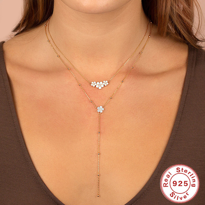 S925 Sterling Silver Y-Shaped Petite Round Flower Tassel Collarbone Chain European and American Bestselling Elegant Personality Necklace