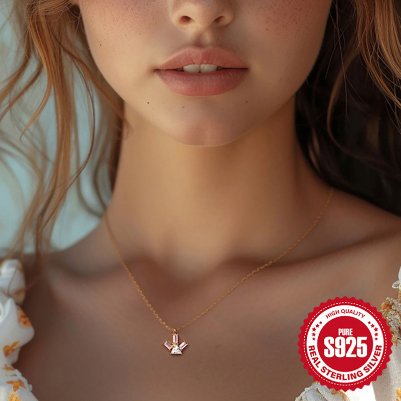 925 Sterling Silver Pyramid Ray Colorful Zircon Necklace for Women, Popular in Europe and America, INS French Style Inlaid Diamond Elegant Collarbone Chain
