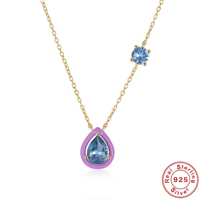 S925 Sterling Silver Checkerboard Water Drop Imitation Enamel Oil Drop Inlaid Diamond Collarbone Necklace European and American INS Creative Style Collarbone Chain