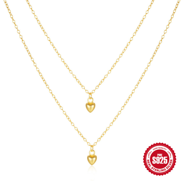 S925 Sterling Silver Double Layer Stacked Heart Necklace for Women Daily Wear Korean Style Internet Celebrity Niche Design Clavicle Chain