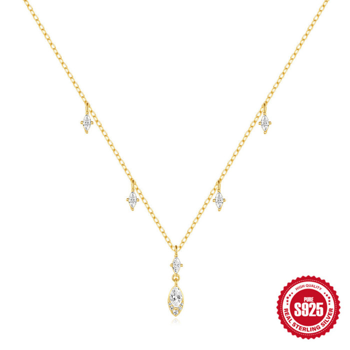S925 Sterling Silver Marquise Diamond-Studded Ultra-Shiny Layered Collarbone Necklace for Women, European and American Hot-Selling Elegant High-End Necklace