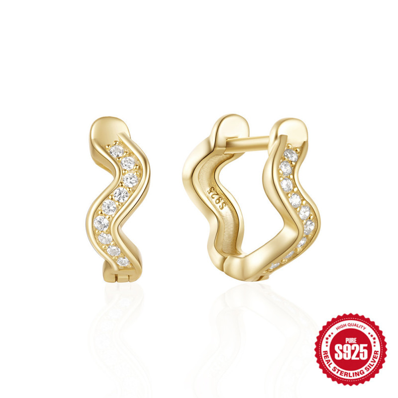 New 925 Sterling Silver Diamond-Studded Wave Hoop Earrings European and American Fashion Gold-Plated Niche Design INS High-End Earrings