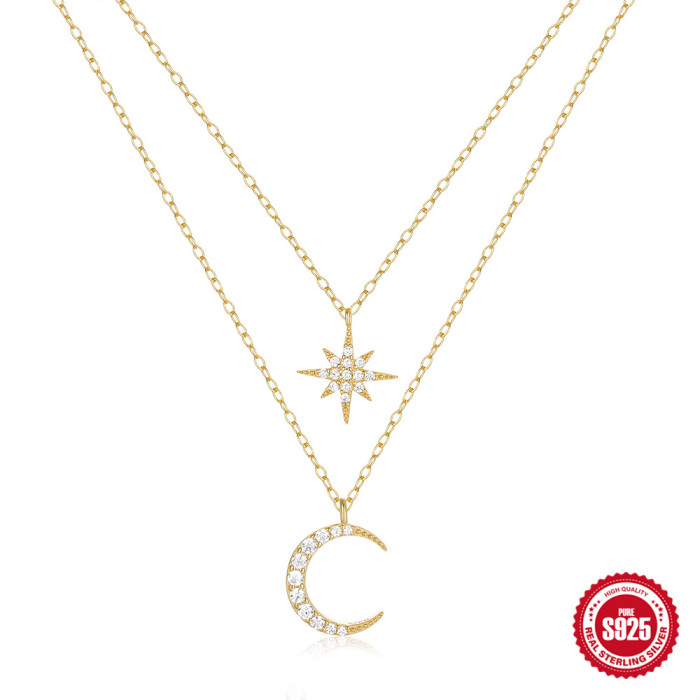S925 Sterling Silver Double Layer Stacked Diamond-Studded Star Moon Necklace European and American Ins Style Eight-Pointed Star Clavicle Chain Pendant for Women