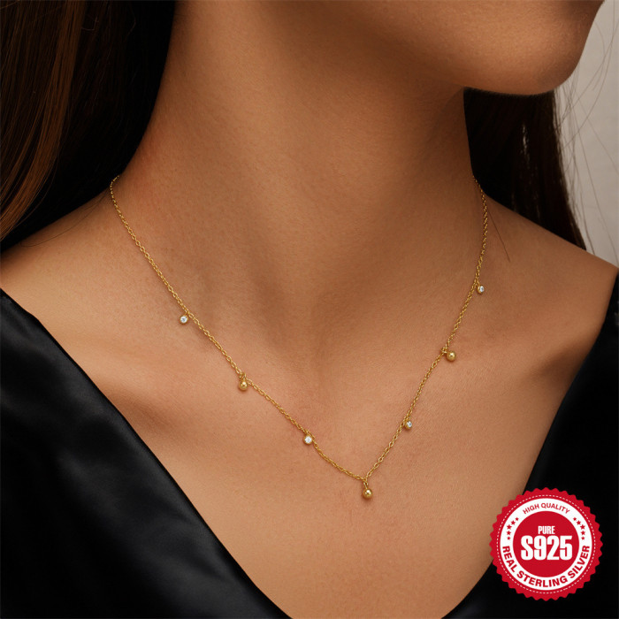 S925 Sterling Silver Classic Round Bead Row Diamond Zircon Necklace Accessories European and American Cross-Border Hot Selling High-End Light Luxury Clavicle Chain