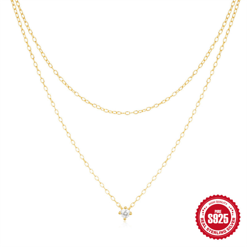 S925 Sterling Silver Single Diamond Double Layer Stacked Elegant Collarbone Chain European and American Hot Selling Niche Design Versatile Necklace