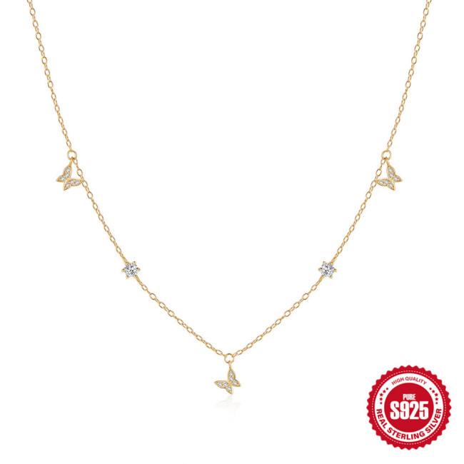 New S925 Sterling Silver Butterfly Inlaid Diamond Layered Collarbone Necklace European and American Hot-Selling Elegant Versatile Ins Necklace Accessory
