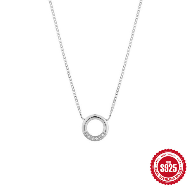 S925 Sterling Silver Simple INS Style Diamond-Studded Round Necklace for Women, European and American Fashion Niche Collarbone Chain Pendant Hot Jewelry