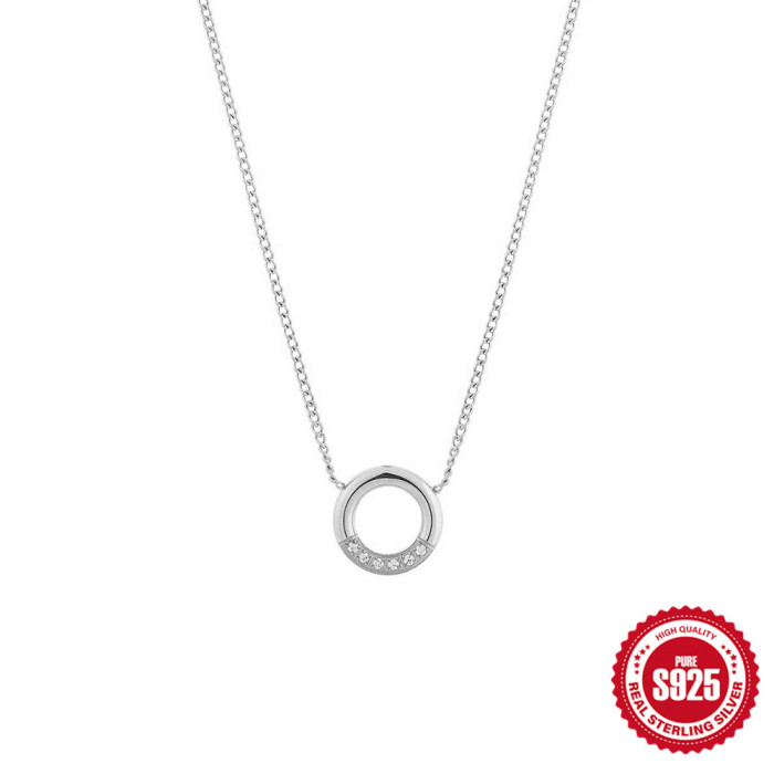 S925 Sterling Silver Simple INS Style Diamond-Studded Round Necklace for Women, European and American Fashion Niche Collarbone Chain Pendant Hot Jewelry
