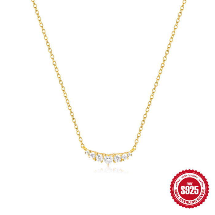 S925 Sterling Silver Straight Row Zircon Matching Heart Pendant Clavicle Chain European and American Hot Selling Temperament french Style All-Match Necklace