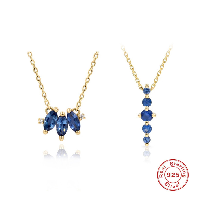S925 Sterling Silver Versatile Personality Marquise Blue Sapphire Fan-shaped Necklace Long One-word Pendant Noble Eye-catching Collarbone Chain