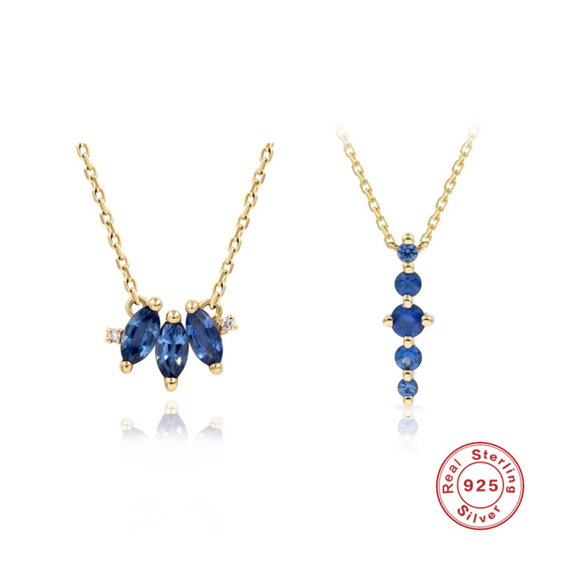 S925 Sterling Silver Versatile Personality Marquise Blue Sapphire Fan-shaped Necklace Long One-word Pendant Noble Eye-catching Collarbone Chain