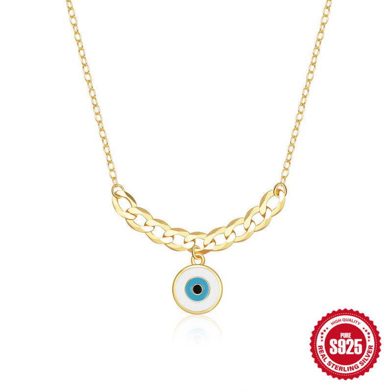 New S925 Sterling Silver Cuban Chain Evil Eye Oil Drop Collarbone Necklace for Women, Popular in Europe and America, INS Minimalist Necklace