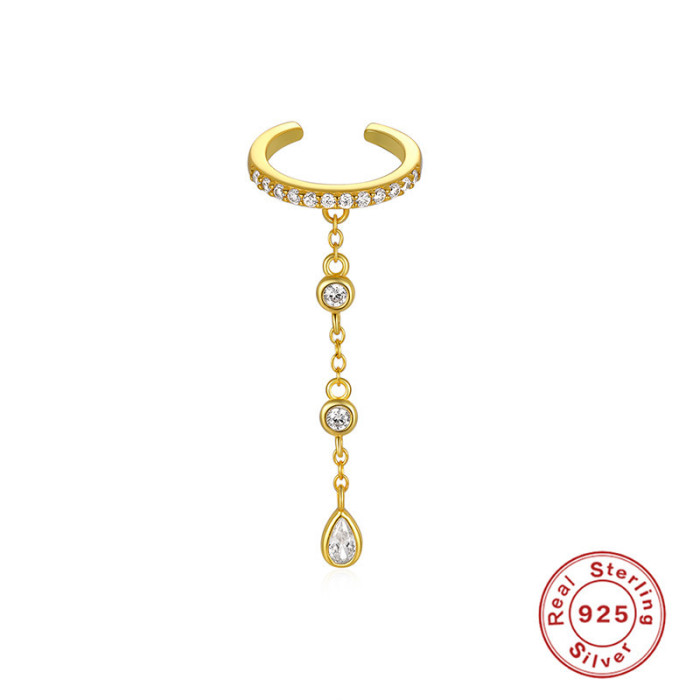 S925 Sterling Silver Single Row Diamond Tassel Ear Clip Earrings Korean Style Elegant Non-Pierced High-End Ear Clip Earrings for Women