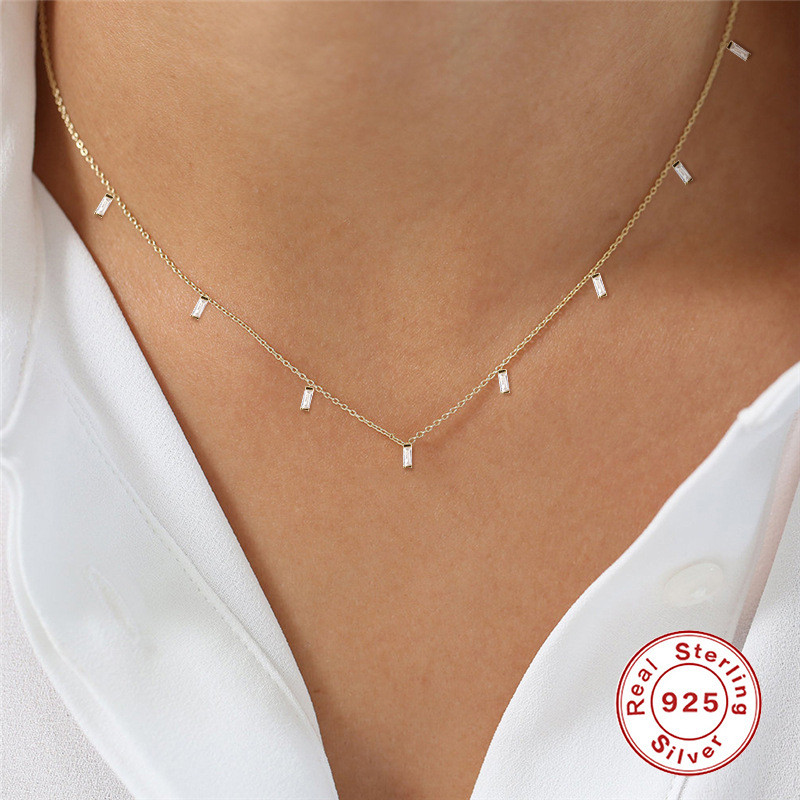 S925 Sterling Silver Minimalist Square Diamond-Studded Layered Collarbone Necklace for Women Korean and Japanese Style INS K Gold Plated Necklace Jewelry