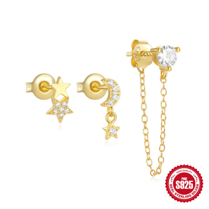 S925 Sterling Silver Inlaid Diamond Star Moon Horse Eye Stud Earrings Hoop Earrings European and American Hot Selling INS Trendy Earrings Set