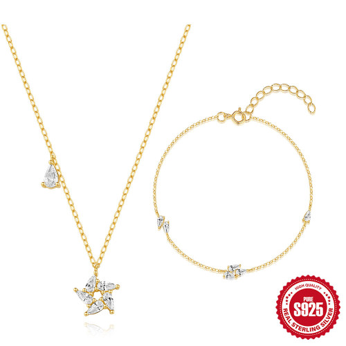 S925 Sterling Silver Water Drop Zircon Swirl Wave Creative Bracelet Necklace Set Cross-Border Hot Selling Diamond-Studded Elegant Jewelry