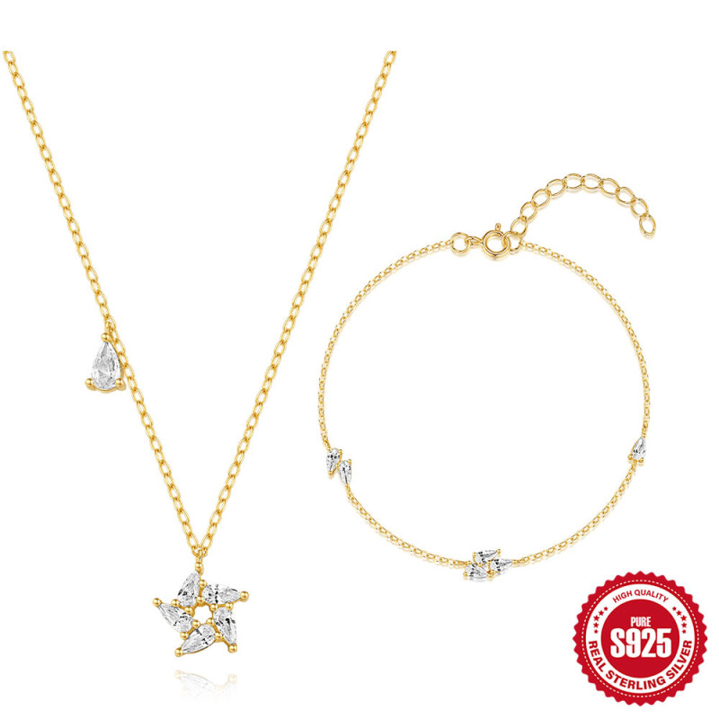 S925 Sterling Silver Water Drop Zircon Swirl Wave Creative Bracelet Necklace Set Cross-Border Hot Selling Diamond-Studded Elegant Jewelry