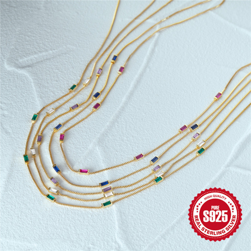 925 Sterling Silver Exquisite Simple Thin Chain Colorful Diamond Collarbone Necklace Korean Style Internet Celebrity Ins Trendy Fashion Jewelry