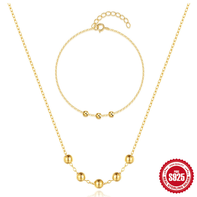S925 Sterling Silver Sliding Bead Necklace Bracelet Set Korean Style Niche Design High-end Clavicle Chain Jewelry for Women