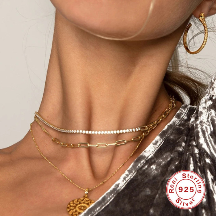 S925 Sterling Silver INS Style 2.0 Mesh Diamond Splicing Paperclip Chain Necklace European and American Fashion Creative Women's Collarbone Necklace