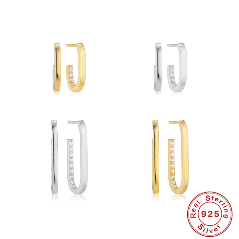 S925 Sterling Silver Circle Inlaid Diamond Hoop Earrings U-Shaped Elegant Earrings Studs European and American Style Exaggerated INS Style Earrings