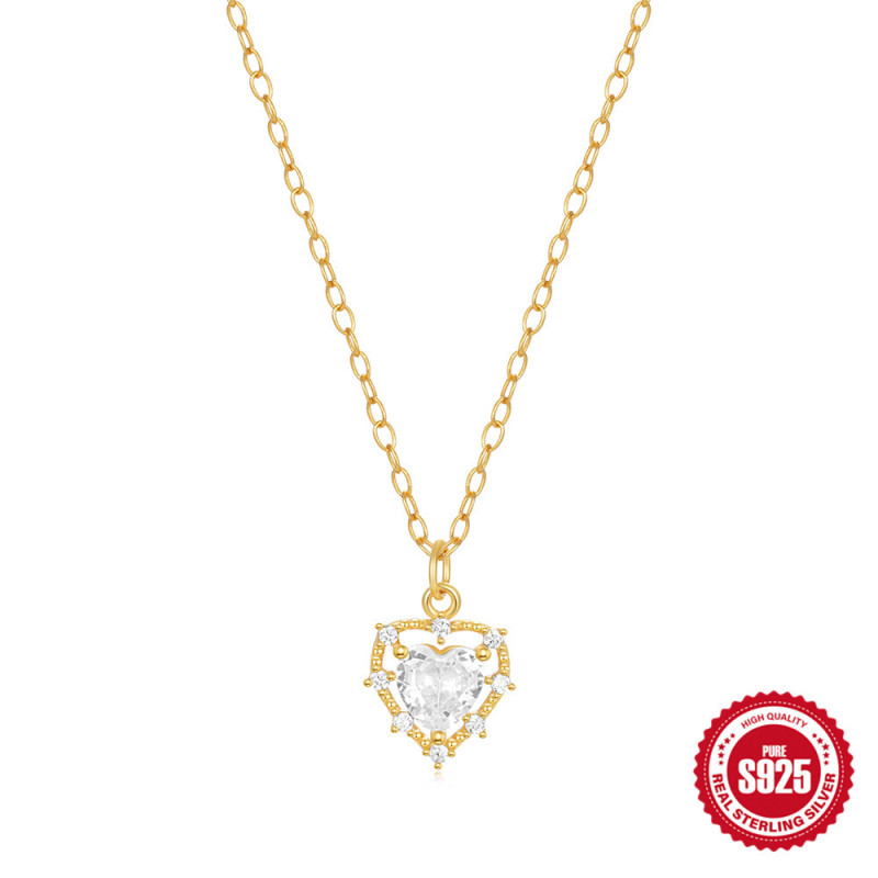 S925 Sterling Silver Heart Inlaid Single Diamond Super Sparkling Collarbone Chain Japanese and Korean Simple Forest Style Light Luxury Niche Design Necklace